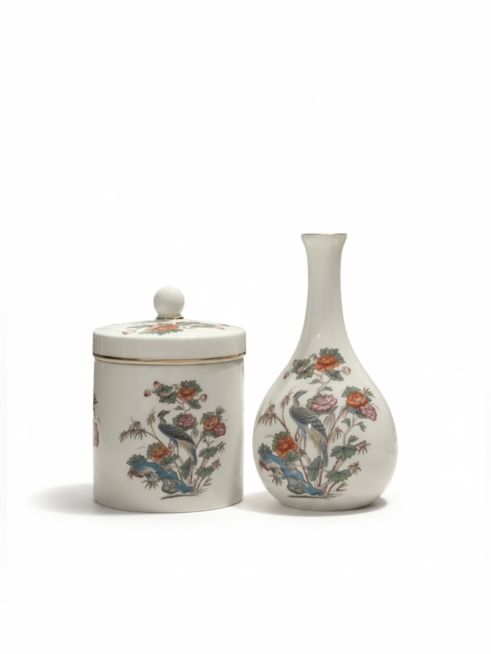 Wedgwood Vintage 1971 Kutani Crane Bone China England Small Lidded Jar Bud Vase